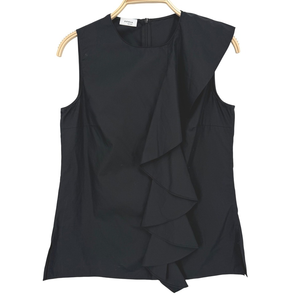 Akris Punto Blouse Womens 8 Black Excellent Ruffle Front Sleeveless Cotton Top